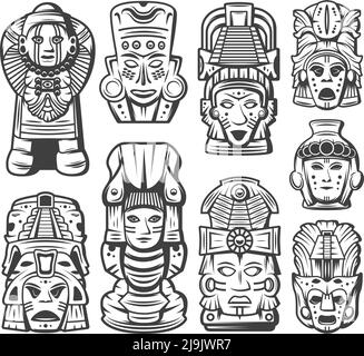 Vintage monochrome maya Zivilisation Objekte Sammlung mit Tribal zeremonielle Masken Und azteken Totems isolierte Vektor-Illustration Stock Vektor