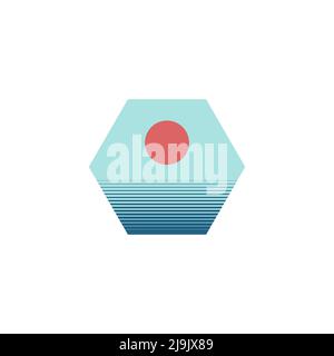 Retro-Sonnenuntergang, Meer und Sonne. Sommerlogo im Vintage-Stil oder Ikonen-Design. Vektorgrafik Stock Vektor