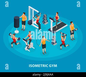 Isometrischer Sport und gesundes Lifestyle-Konzept mit Menschen tun körperlich Übungen mit Trainern Hanteln springen Seil isoliert Vektor Illustration Stock Vektor