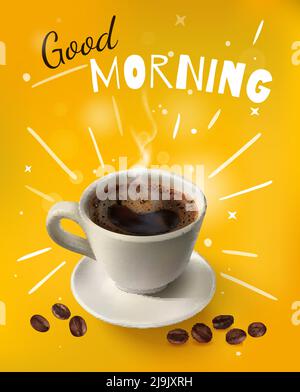 Leuchtend gelbe und realistische Kaffeekomposition mit weißer Tasse Kaffee und „Good Morning“-Vektorgrafik Stock Vektor
