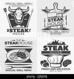 Viereckiges Steak-Emblem-Set mit speziellem Grillmenü frisch Und köstliche Beschreibungen Vektor Illustration Stock Vektor