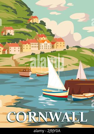 Cornwall Vintage Poster, South West England, Vereinigtes Königreich. Reise Poster Küste, buikdings, Segelboote. Vektorgrafik Retro-Stil, isoliert Stock Vektor
