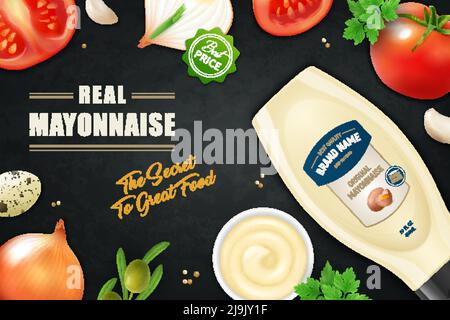 Realistischer Mayonnaise horizontaler ADS Poster Hintergrund mit editierbarem kunstvollen Text Gemüsescheiben und Kunststoff-Produktflasche Vektordarstellung Stock Vektor