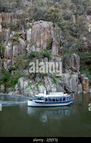 Ein Boot fährt entlang des South Esk River im unteren Teil der Cataract Gorge bei Launceston in Tasmanien, Australien. Stockfoto