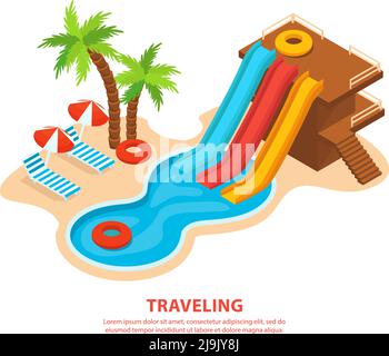 Reisen isometrischer Hintergrund mit arva Park Elemente Palmen Strand Designs Vektor-Illustration Stock Vektor