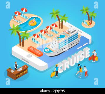 Sea Cruise isometrische Zusammensetzung mit Touristen Sonnenbaden und Schwimmen in Südsee Vektor-Illustration Stock Vektor