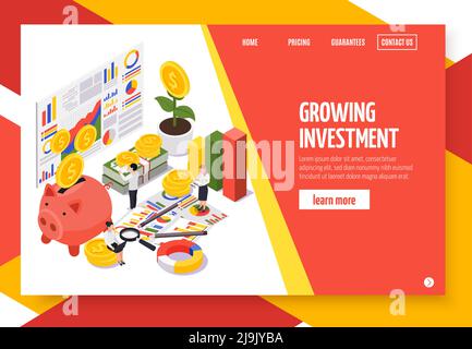 Wealth Management isometrisches Banner oder Landing Page mit wachsender Anlageüberschrift und Grafik zum Schaltflächenvektor Stock Vektor