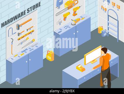 Bauwerkzeuge Shop Hintergrund mit Hardware Store Symbole isometrische Vektor-Illustration Stock Vektor