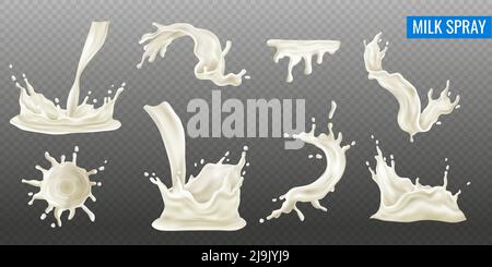 Milk Splash and Spray realistisch transparent Set isoliert Vektor-Illustration Stock Vektor