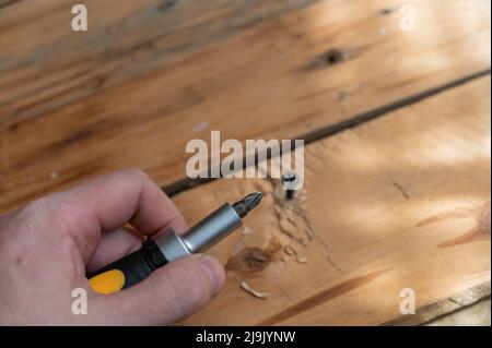 Ein Mann hält einen Schraubendreher in der Hand. Halbgedrehte Schraube in der Platine im Hintergrund. Aus Sicht der ersten Person. Selektiver Fokus. Stockfoto