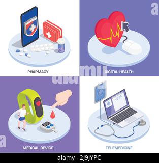 Telemedizinische digitale Gesundheit isometrisches Designkonzept mit Text und Bildern Von tragbaren elektronischen Gadgets mit Medikamenten Vektor-Illustration Stock Vektor