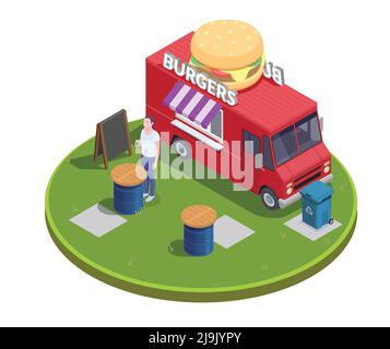 Food Truck isometrische Zusammensetzung mit runder Plattform und mobilen Fastfood Restaurant mit Tischen im Freien und Personen-Vektor-Illustration Stock Vektor