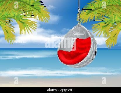 Hängender Wicker-Schaukelstuhl am Strand mit tropischem Outdoor-Design Landschaft Palme Blätter Meer und Lounge Vektor-Illustration Stock Vektor