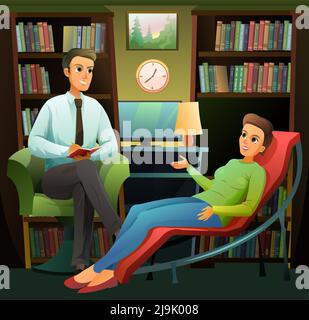 Psychologin und Patientin. Büro mit Sofa-Bett. Facharzt für Psychologie für Erwachsene und Kinder. Arztbesuch. Cartoon-Stil. Auf der Rückseite Stock Vektor