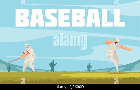 Sommer Sport Baseballkomposition mit Outdoor Stadion Hintergrund und Doodle Figuren von Ballspielern auf Ballfeld Vektorgrafik Stock Vektor