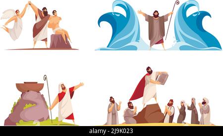 Bible Narratives Design-Konzept mit vier isolierten Doodle-Stil Kompositionen Und ikonografische Szenen mit legendären Figuren Vektorgrafik Stock Vektor