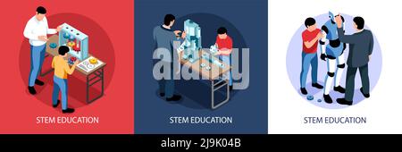 Isometrische Stamm Bildung Design-Konzept mit quadratischen Kompositionen von gesetzt Human Characters Laborausrüstung und Textvektordarstellung Stock Vektor