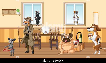 Im Haus Szene mit Hunden trinken Wein Illustration Stock Vektor