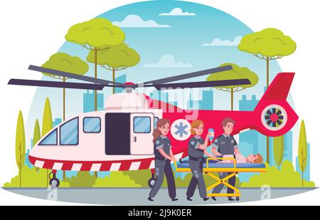 Sanitäter erste-Hilfe-Cartoon-Konzept mit Hubschrauber Krankenwagen Vektor-Illustration Stock Vektor