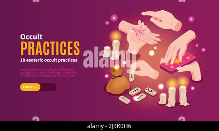 Isometrisches übersinntes, okkultes horizontales Banner mit bearbeitbarer Textschaltfläche Und Bilder von Händen und Kerzen Vektor-Illustration Stock Vektor