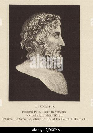 Theocritus Pastoral Poet. Geboren in Syrakus. Besuchte Alexandria, 2S5 b.c. Kehrte nach Syrakus zurück, wo er am Gerichtshof von Hieron II starb, nachdem er das Buch „Griechische Münzen und ihre Mutterstädte“ von John ward und Sir George Francis Hill, Erscheinungsdatum 1902 Herausgeber London, J. Murray, veröffentlicht hatte Stockfoto