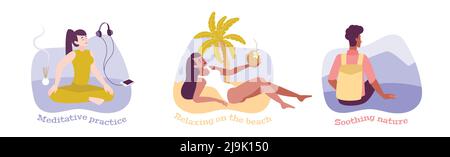 Entspannen Sie sich in flachen Kompositionen mit Menschen, die die Natur mit meditativer Praxis beruhigen Entspannung am Strand Vektor-Illustration Stock Vektor