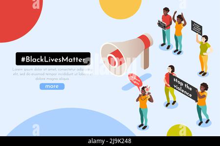 Die Website der Bewegung „Black Lives Matter“ ist eine isometrische Komposition mit Demonstranten, die sich in der Hand halten Banner, die Slogans über Lautsprecher-Vektorgrafik rufen Stock Vektor