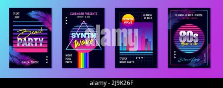 Realistisches Retro-Wave-Party-Set aus vier vertikalen Postern mit Event Werbung Text und Kunstwerk Bilder Vektor Illustration Stock Vektor