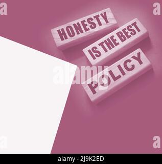 Ehrlichkeit ist die beste Politik Worte in Holzblöcken geschrieben. Vertrauenswürdig, Wahrheit, Überzeugungen und Vereinbarung Geschäftskonzept. Stockfoto