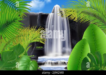 Realistischer tropischer Wasserfall Hintergrund mit Outdoor-Landschaft und Bergfelsen Mit Wasserströmungen und exotischen Blättern Vektorgrafik Stock Vektor