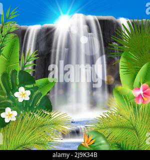 Realistische tropische Wasserfall Hintergrund Komposition mit exotischen Outdoor-Landschaft Blätter Mit Blumen Sonne und klaren Himmel Vektor-Illustration Stock Vektor