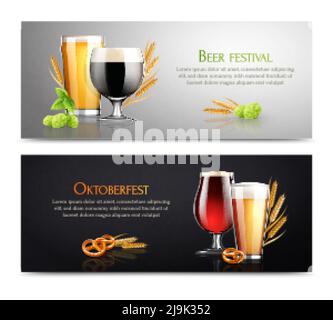 Bier realistische Banner mit editierbarem Text und Bildern von Hop Pflanzen mit Biergläsern und Cookies Vektorgrafik Stock Vektor