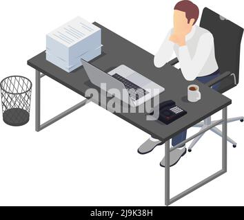 Professionelle Burnout Depression Frustration isometrische Zusammensetzung mit Blick auf den Arbeitsplatz mit depressiven Arbeiter Vektor Illustration Stock Vektor