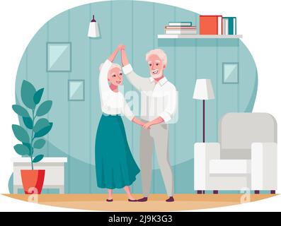 Ältere Menschen mit einem gesunden aktiven sozialen Leben flache Cartoon-Komposition mit tanzenden älteren Paar Vektor-Illustration Stock Vektor