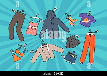 Diverse Kleidungsstücke mit ermäßigten Preisen auf saisonalen Verkauf im Geschäft. Verkauf von Modebekleidung im Rahmen von Werbeaktionen oder ermäßigten Preisen. Auf Lager: Bekleidung mit Tags. Flache Vektorgrafik. Stock Vektor