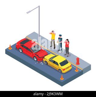 Autobesitzer Nutzung isometrische Zusammensetzung mit Blick auf zwei abgestürzte Autos mit Zeichen der Autobesitzer Vektor-Illustration Stock Vektor