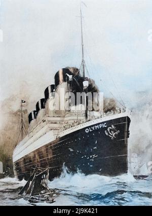 S.S. Olympic 1911 RMS Olympic war ein britischer Ozeandampfer und das führende Schiff des Trios der Olympischen Linienschiffe der White Star Line. Aus dem Buch ' New York Illustrated ' Erscheinungsdatum 1911 Herausgeber New York : Success Postal Card Co. Stockfoto