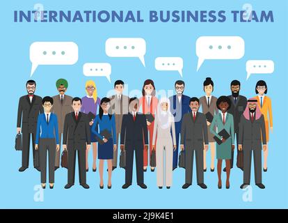 Gruppe von kreativen Menschen auf blauem Hintergrund isoliert. Eine Gruppe von verschiedenen Geschäftsleuten, die zusammen stehen und Sprechblase. Verschiedene Nationalitäten und Stock Vektor