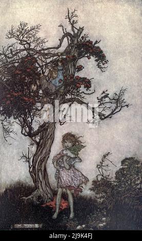 Seine Kinder waren so zerlumpt und wild, als gehörten sie niemandem aus dem Buch „Rip Van Winkle“ von Washington Irving, 1783-1859; Illustriert von Arthur Rackham, 1867-1939 Erscheinungsdatum 1919 Herausgeber New York Doubleday, Page 'Rip Van Winkle' ist eine Kurzgeschichte des amerikanischen Autors Washington Irving, die erstmals 1819 veröffentlicht wurde. Es folgt einem niederländisch-amerikanischen Dorfbewohner im kolonialen Amerika namens Rip Van Winkle, der geheimnisvolle Holländer trifft, ihren Schnaps aufnimmt und in den Catskill Mountains einschläft. Er erwacht 20 Jahre später zu einer sehr veränderten Welt, nachdem er die amerikanische Revolution verpasst hatte. Stockfoto