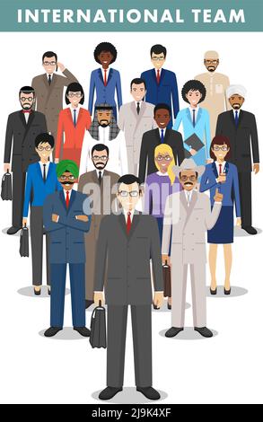 Gruppe von kreativen Menschen auf weißem Hintergrund isoliert. Eine Gruppe von verschiedenen Geschäftsleuten, die zusammen stehen. Verschiedene Nationalitäten und Kleiderstile. Schnitt Stock Vektor