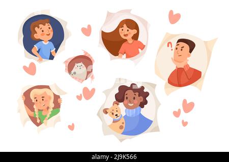 Cartoon people looking through holes vector illustrations set. Men, women and children with pets showing through torn paper isolated on white backgrou Stock Vektor