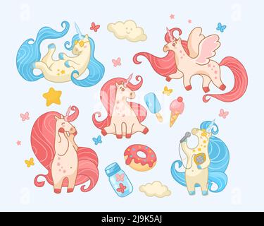 Niedliche glücklich Einhörner Cartoon Illustration Set. Schöne und entzückende rosa und blauen Zauberfiguren mit Sternen, Blumen, Donuts und Blumen singen, l Stock Vektor