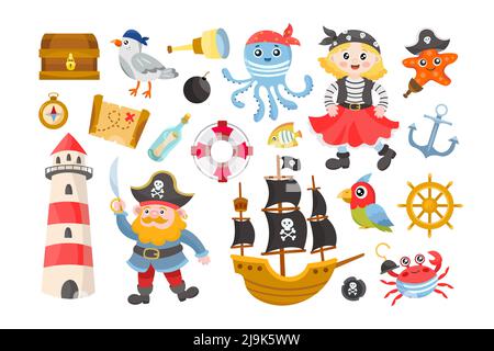 Verschiedene Piraten Elemente für Kinder flache Vektor Illustrationen Set. Cartoonschiff Kapitän, weibliche Figur, Schatzkarte und Brust, niedlich, Krabbe, Underwat Stock Vektor