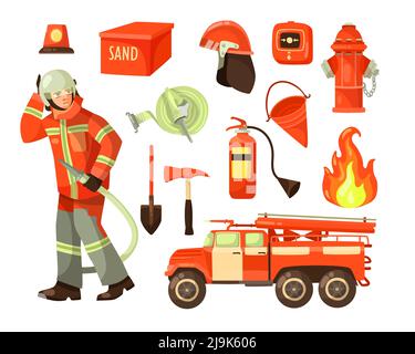 Feuerwehrmann und Feuerwehr Ausrüstung Cartoon Illustration Set. Feuerwehrwagen, Schlauch, Hydrant, Feuerlöscher, Helm, Alarm, Schaufel, Sand isoliert auf whit Stock Vektor