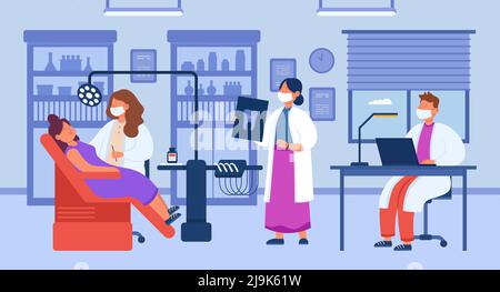 Weibliche Cartoon-Patientin besucht Zahnarztklinik. Frau auf dem Stuhl bekommen Zahnbehandlung flache Vektor-Illustration. Zahnhygiene, Gesundheitskonzept f Stock Vektor
