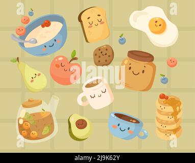 Lustige Frühstück Essen mit Gesichtern Cartoon Illustration Set. Süßer Haferbrei, Früchte, Beeren, gekochtes Ei, Kekse. Tassen Kaffee, Tee und Tee Stock Vektor