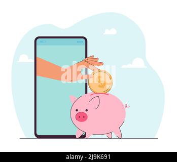 Hand aus dem Telefon werfen Dollar-Münze in Sparschwein. Person Geld spenden, investieren online flache Vektor-Illustration. Ersparnis, Wohltätigkeitskonzept für b Stock Vektor