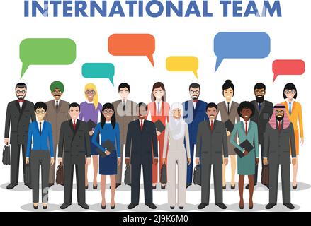 Gruppe von kreativen Menschen auf weißem Hintergrund isoliert. Eine Gruppe von verschiedenen Geschäftsleuten, die zusammen stehen und Sprechblase. Verschiedene Nationalitäten und Stock Vektor