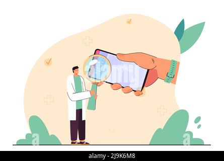 Hand mit Handy, um nach medizinischen Nachrichten zu suchen. Winziger Arzt hält Lupe flache Vektor-Illustration. Eilmeldung, Publikationskonzept f Stock Vektor