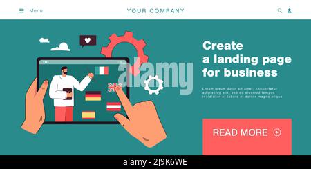 Hände halten das Tablet und wählen die Sprache. Lernen von Fremdsprachen flache Vektor-Illustration. Online-Kurs, Urlaubsplanung, Bildungskonzept f Stock Vektor